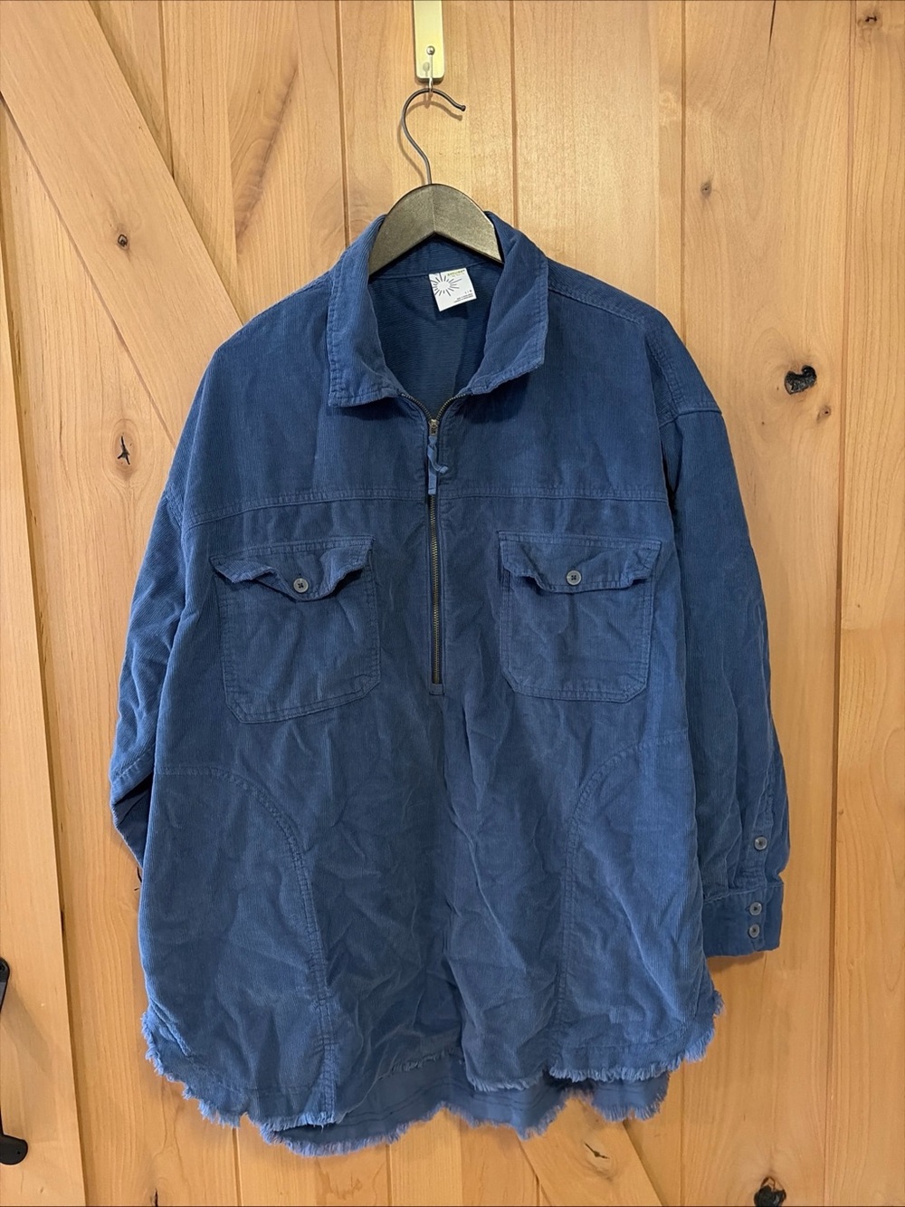Aerie Offline Corduroy Oversized Quarter Zip Pullover Shacket L Blue Raw Hem